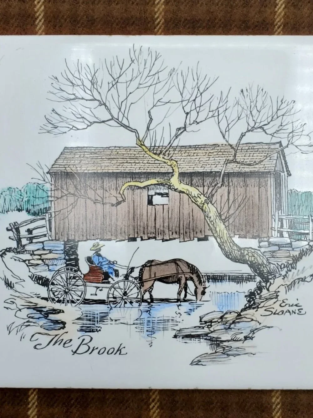 Vintage Eric Sloane The Brook Tile Trivet Horse Buggy Covered Bridge 6